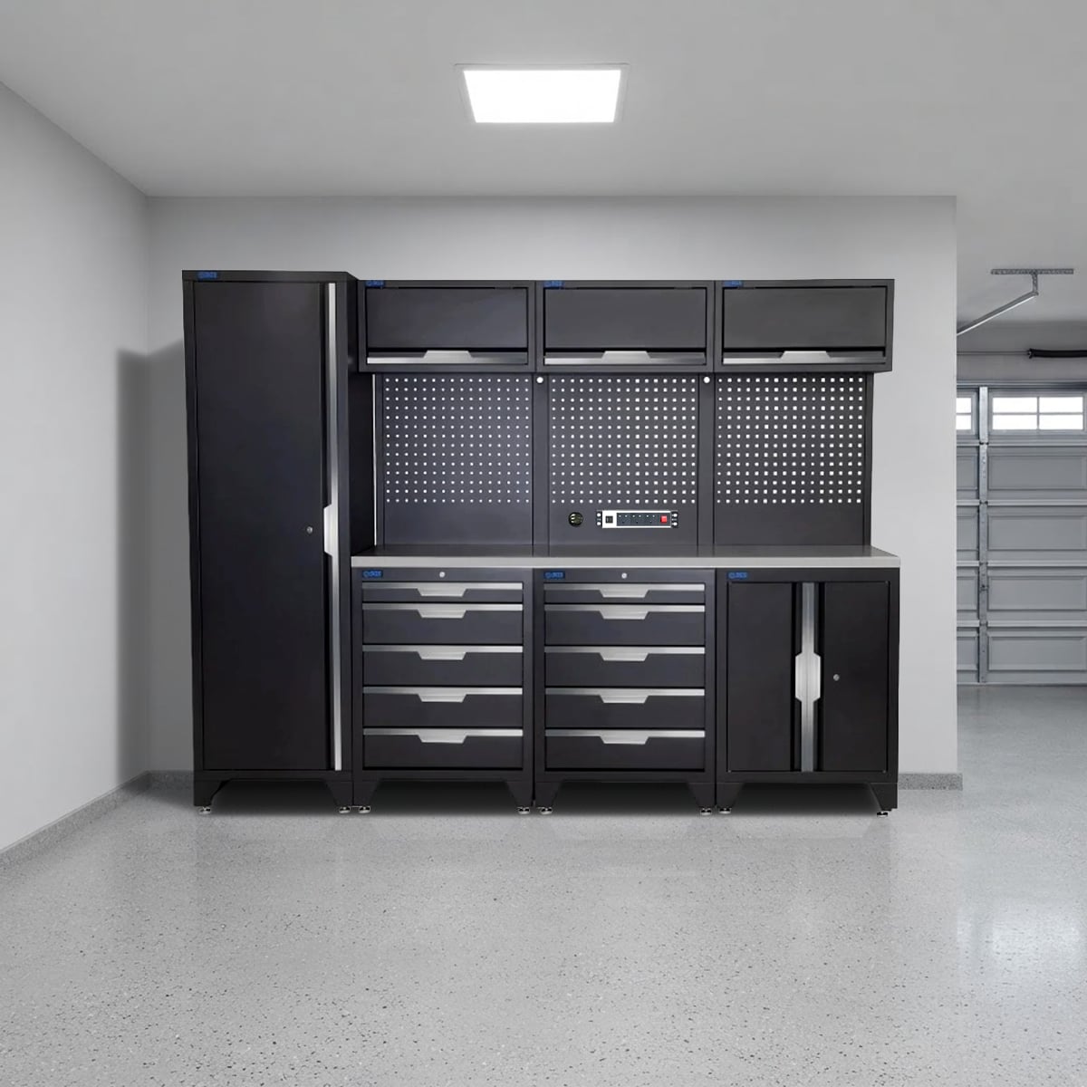 SGS 10pc Modular Garage Storage | 10 Drawers | Stainless Steel Worktop | Floor Cabinet | Tall Single Cabinet | 3x Upper Cabinets | Pegboard with Power Strip